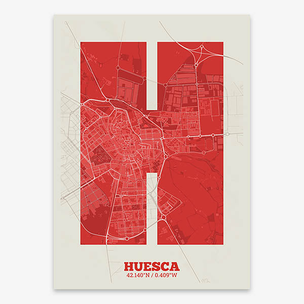 Decorative print of Huesca composed with letters in a heavy geometric font printed on red and an off-white background