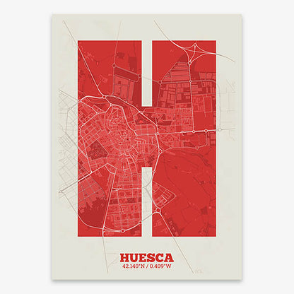 Decorative print of Huesca composed with letters in a heavy geometric font printed on red and an off-white background