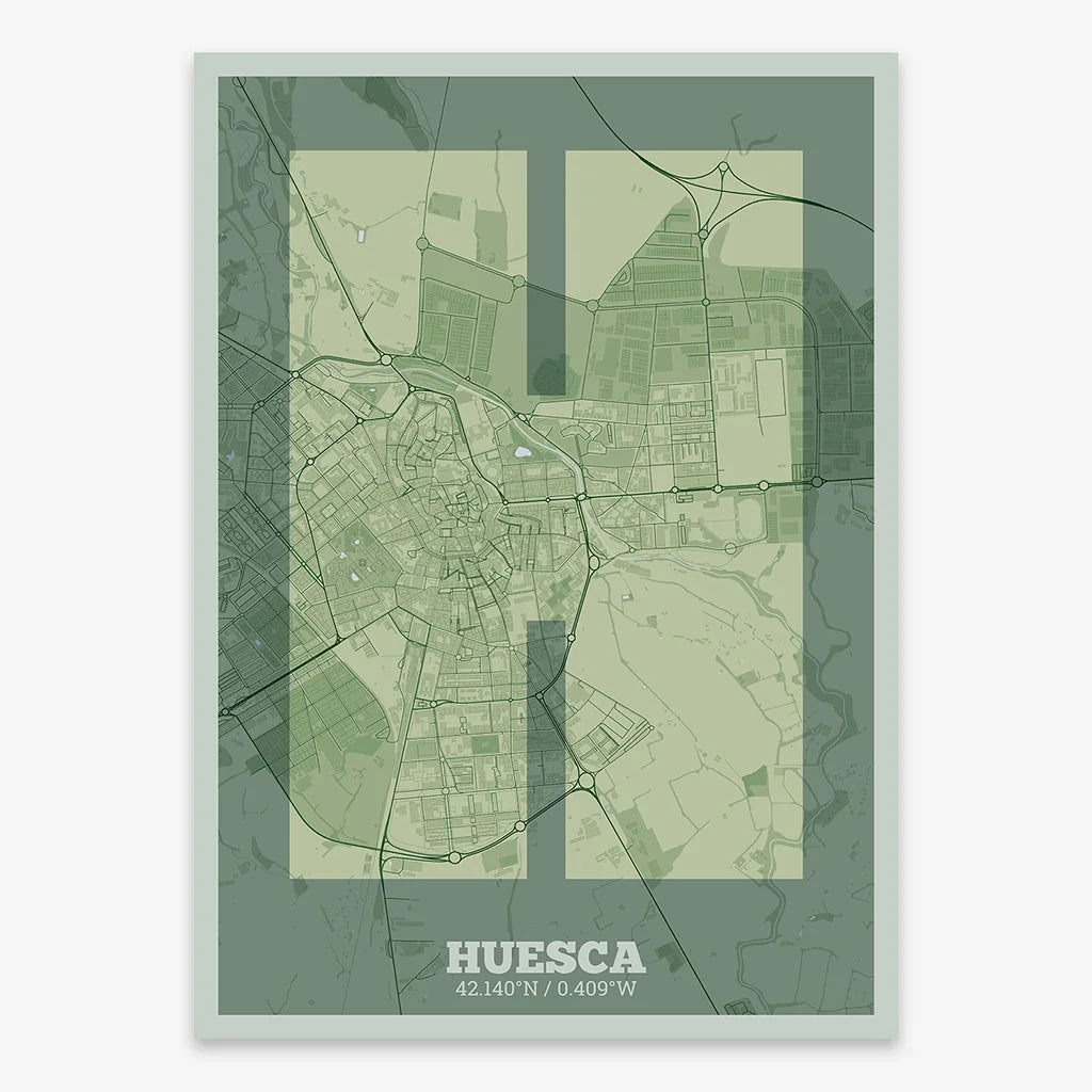 Decorative print of Huesca composed with letters in a heavy geometric font printed on two green tones