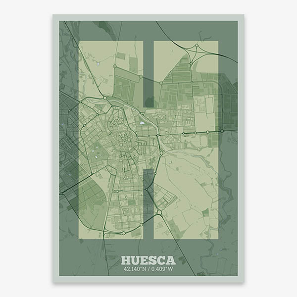 Decorative print of Huesca composed with letters in a heavy geometric font printed on two green tones