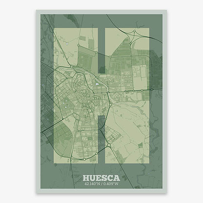 Decorative print of Huesca composed with letters in a heavy geometric font printed on two green tones