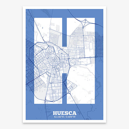 Decorative print of Huesca composed with letters in a heavy geometric font printed on navy blue and white
