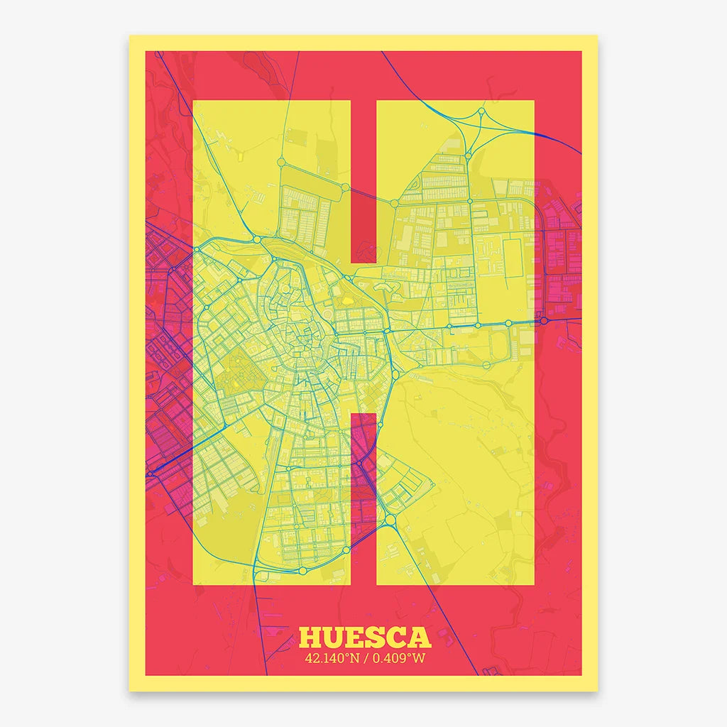 Decorative print of Huesca composed with letters in a heavy geometric font printed on yellow and fuchsia