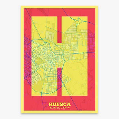 Decorative print of Huesca composed with letters in a heavy geometric font printed on yellow and fuchsia
