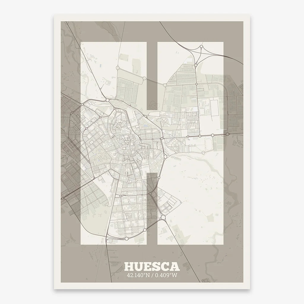 Decorative print of Huesca composed with letters in a heavy geometric font printed on light brown and an off-white background
