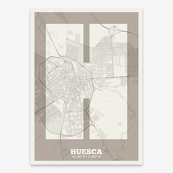 Decorative print of Huesca composed with letters in a heavy geometric font printed on light brown and an off-white background