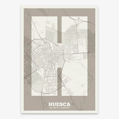 Decorative print of Huesca composed with letters in a heavy geometric font printed on light brown and an off-white background