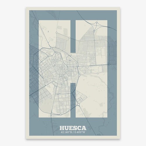 Mapa de Huesca en mi diseño la Súper Bold, un póster tipográfico donde el mapa de la ciudad se fusiona con una tipografía extra gruesa para un impacto visual moderno diseñado en gris azulado y fondo blanco roto