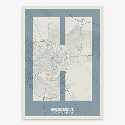 Decorative print of Huesca composed with letters in a heavy geometric font printed on bluish gray and an off-white background