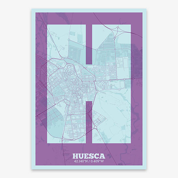 Decorative print of Huesca composed with letters in a heavy geometric font printed on purple and light blue