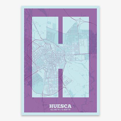 Decorative print of Huesca composed with letters in a heavy geometric font printed on purple and light blue
