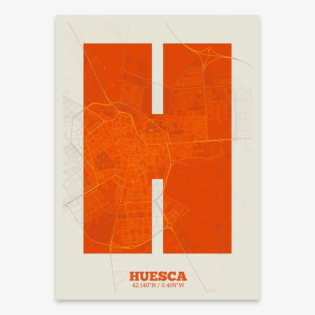 Decorative print of Huesca composed with letters in a heavy geometric font printed on orange and an off-white background