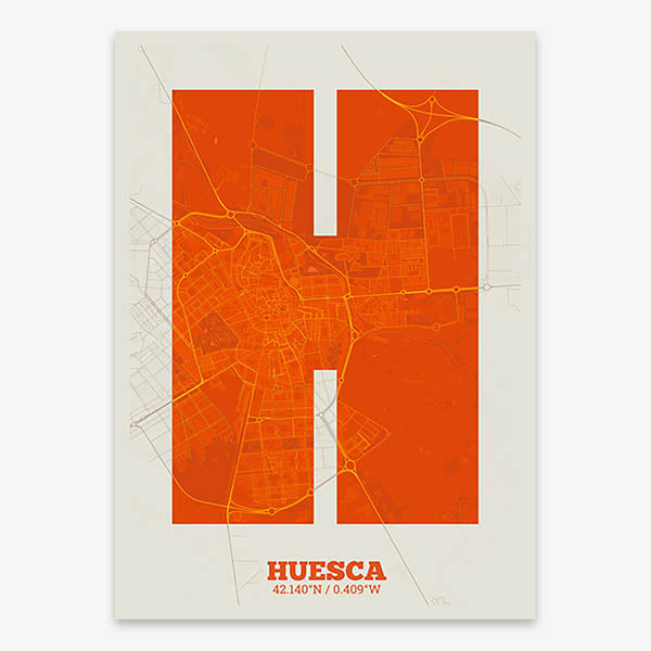 Decorative print of Huesca composed with letters in a heavy geometric font printed on orange and an off-white background