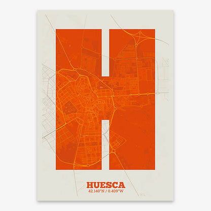 Decorative print of Huesca composed with letters in a heavy geometric font printed on orange and an off-white background