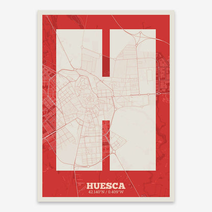 The map of Huesca composed with letters in a heavy geometric font printed on red and an off-white background