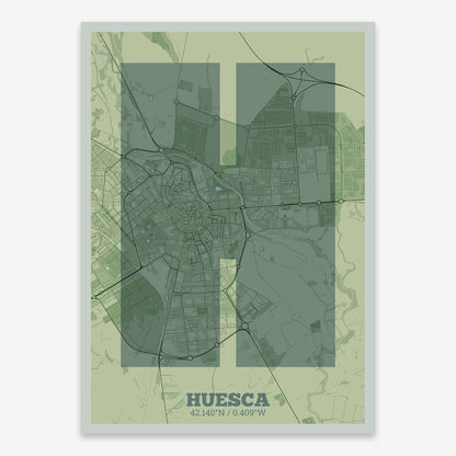 The map of Huesca composed with letters in a heavy geometric font printed on two green tones