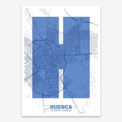 The map of Huesca composed with letters in a heavy geometric font printed on navy blue and white