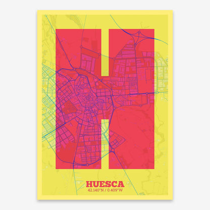 The map of Huesca composed with letters in a heavy geometric font printed on yellow and fuchsia