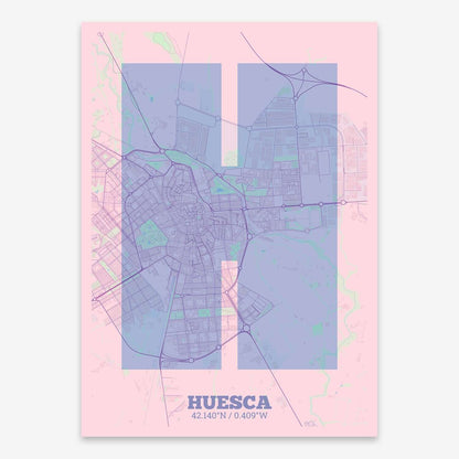 The map of Huesca composed with letters in a heavy geometric font printed on pink and light blue