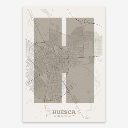 The map of Huesca composed with letters in a heavy geometric font printed on light brown and an off-white background