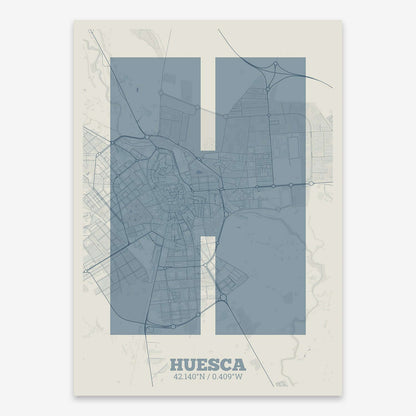 The map of Huesca composed with letters in a heavy geometric font printed on bluish gray and an off-white background