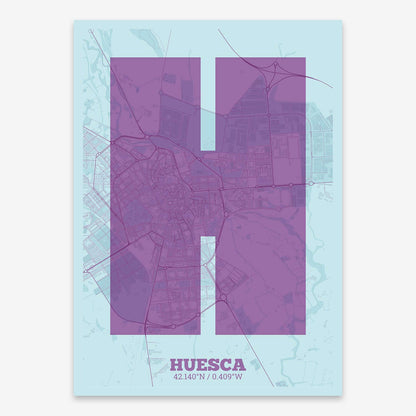 The map of Huesca composed with letters in a heavy geometric font printed on purple and light blue