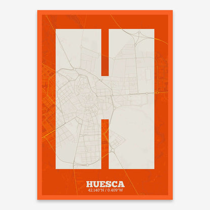 The map of Huesca composed with letters in a heavy geometric font printed on orange and an off-white background