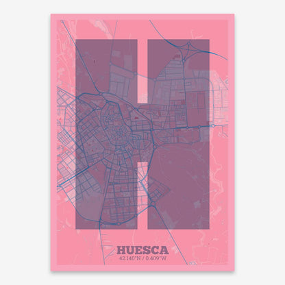 The map of Huesca composed with letters in a heavy geometric font printed on violet y pink background