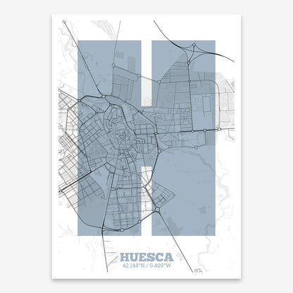 The map of Huesca composed with letters in a heavy geometric font printed on black and white