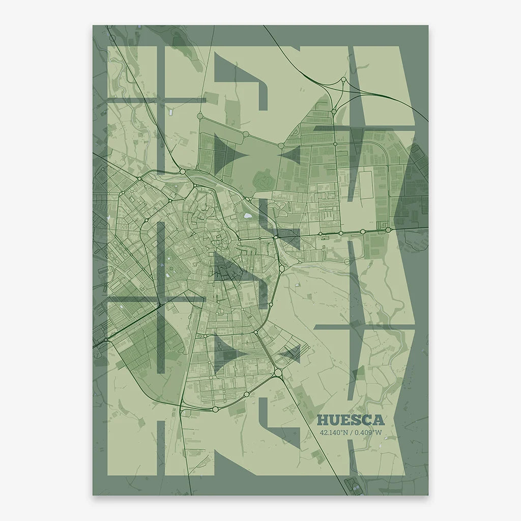 Poster of Huesca composed with letters from its abbreviation or its airport IATA code printed on two green tones
