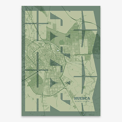 Poster of Huesca composed with letters from its abbreviation or its airport IATA code printed on two green tones
