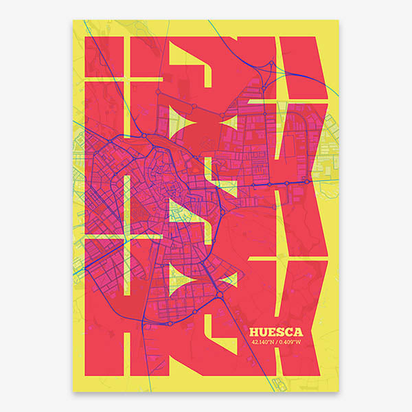 Poster of Huesca composed with letters from its abbreviation or its airport IATA code printed on yellow and fuchsia