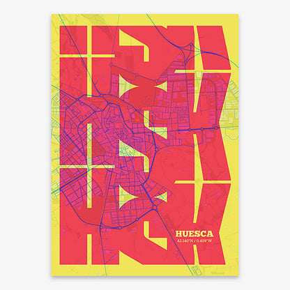 Poster of Huesca composed with letters from its abbreviation or its airport IATA code printed on yellow and fuchsia