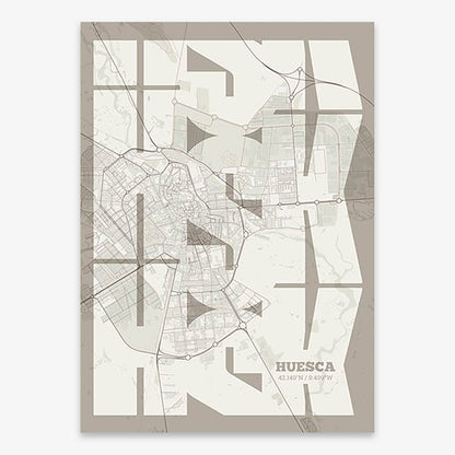 Poster of Huesca composed with letters from its abbreviation or its airport IATA code printed on light brown and an off-white background
