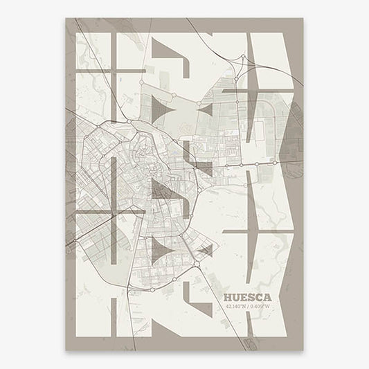 Poster of Huesca composed with letters from its abbreviation or its airport IATA code printed on light brown and an off-white background