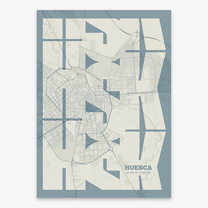 Poster of Huesca composed with letters from its abbreviation or its airport IATA code printed on bluish gray and an off-white background