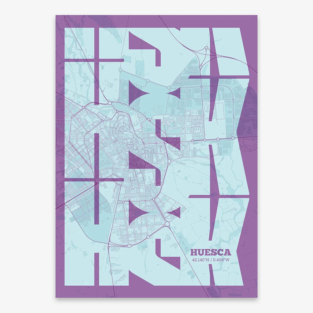 Poster of Huesca composed with letters from its abbreviation or its airport IATA code printed on purple and light blue