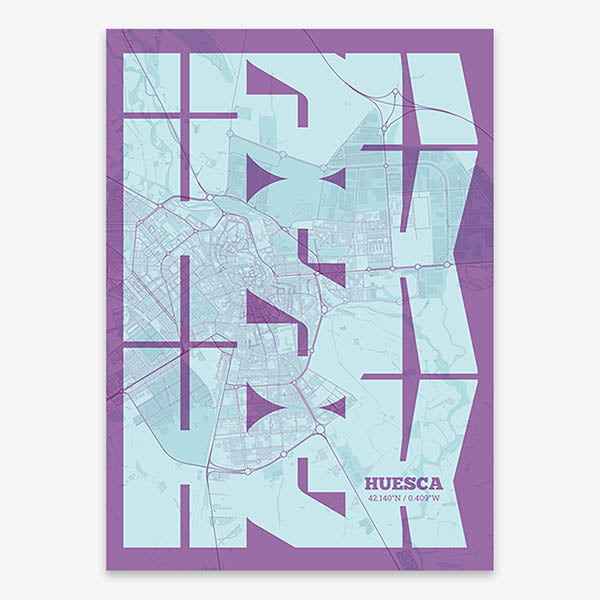 Poster of Huesca composed with letters from its abbreviation or its airport IATA code printed on purple and light blue