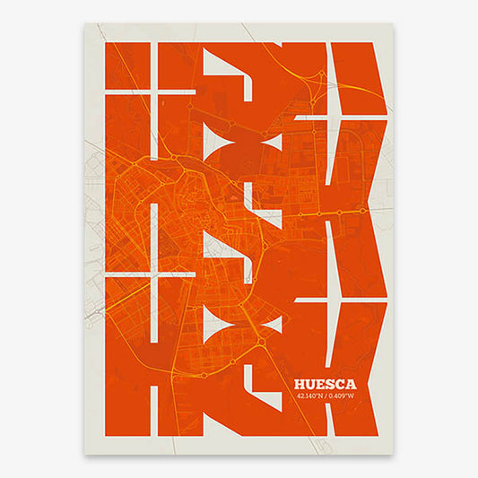 Poster of Huesca composed with letters from its abbreviation or its airport IATA code printed on orange and an off-white background
