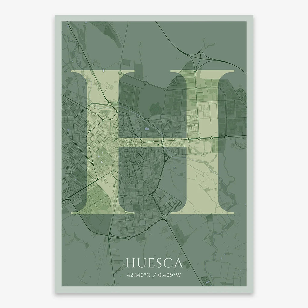 Decorative map of Huesca composed with letters in serif font printed on two green tones