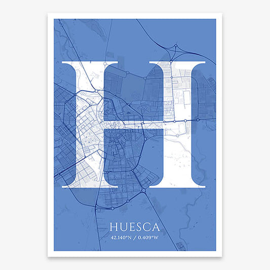 Decorative map of Huesca composed with letters in serif font printed on navy blue and white
