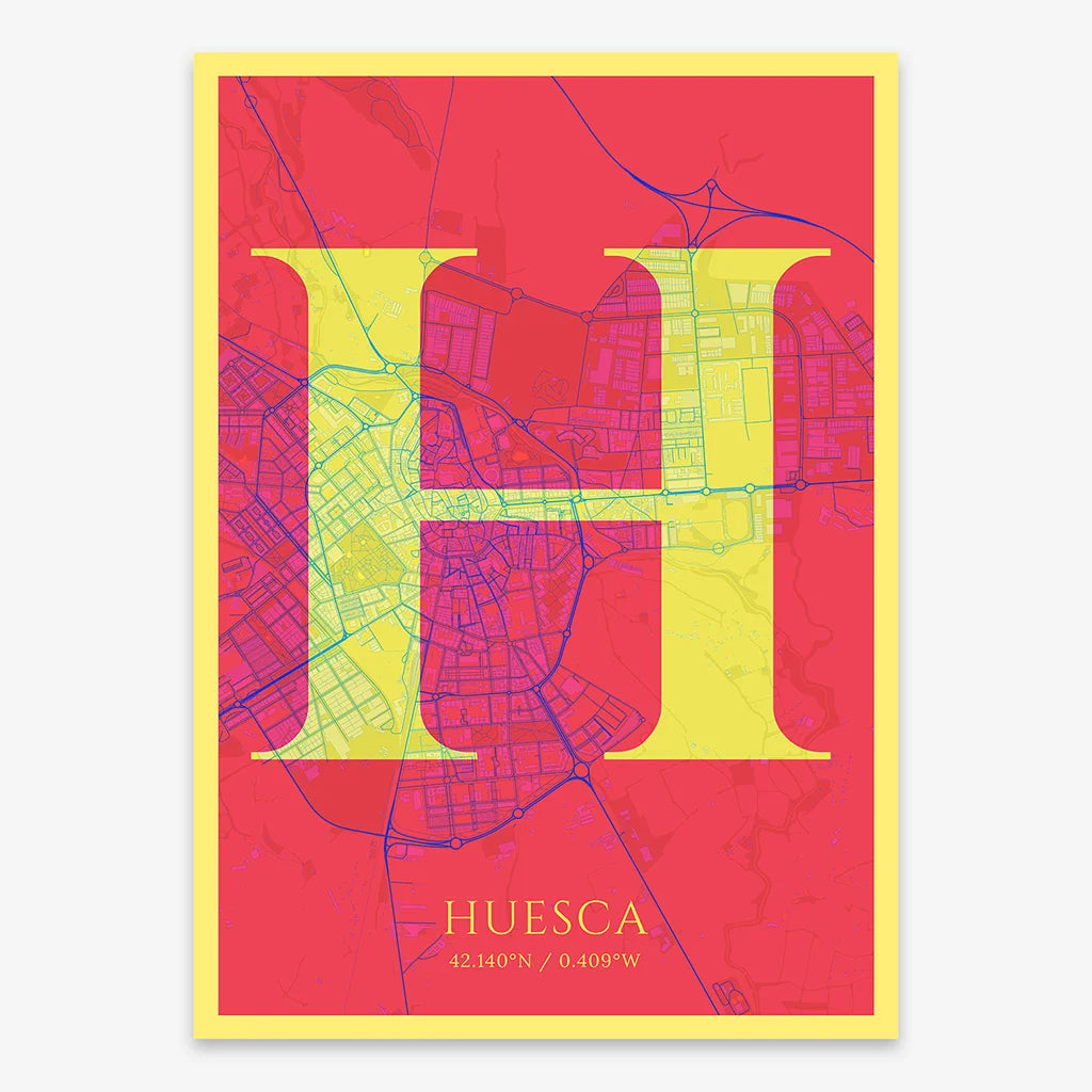 Decorative map of Huesca composed with letters in serif font printed on yellow and fuchsia