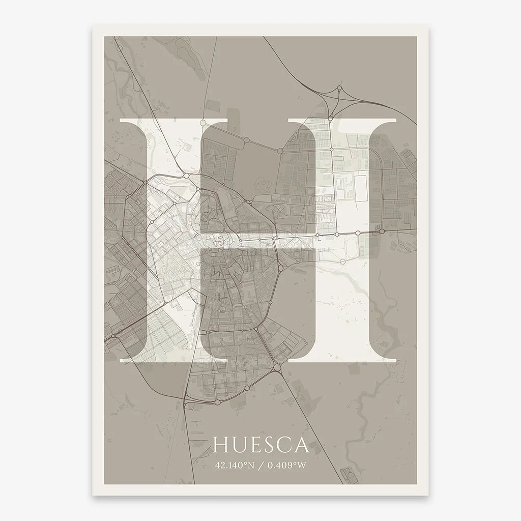 Decorative map of Huesca composed with letters in serif font printed on light brown and an off-white background