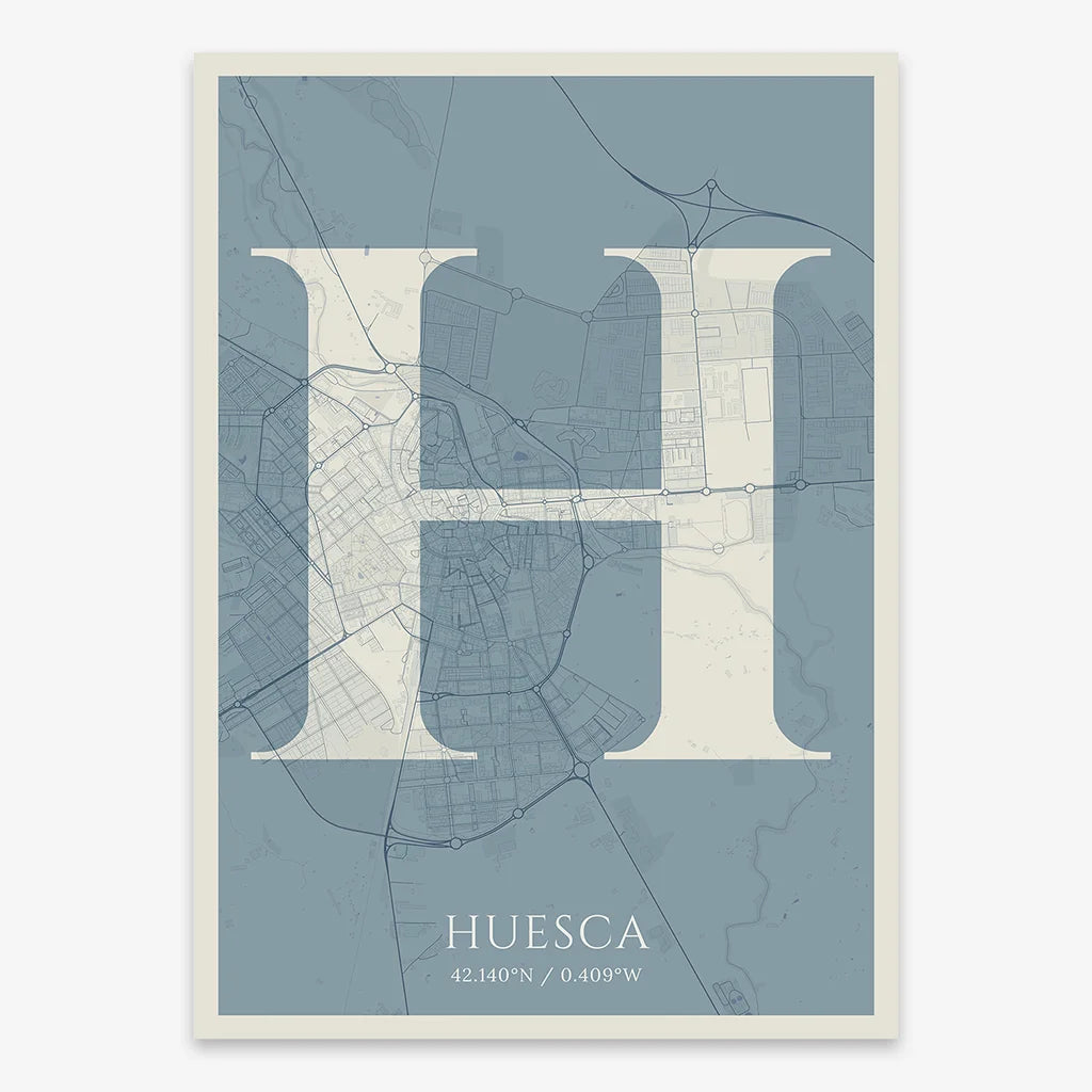 Decorative map of Huesca composed with letters in serif font printed on bluish gray and an off-white background