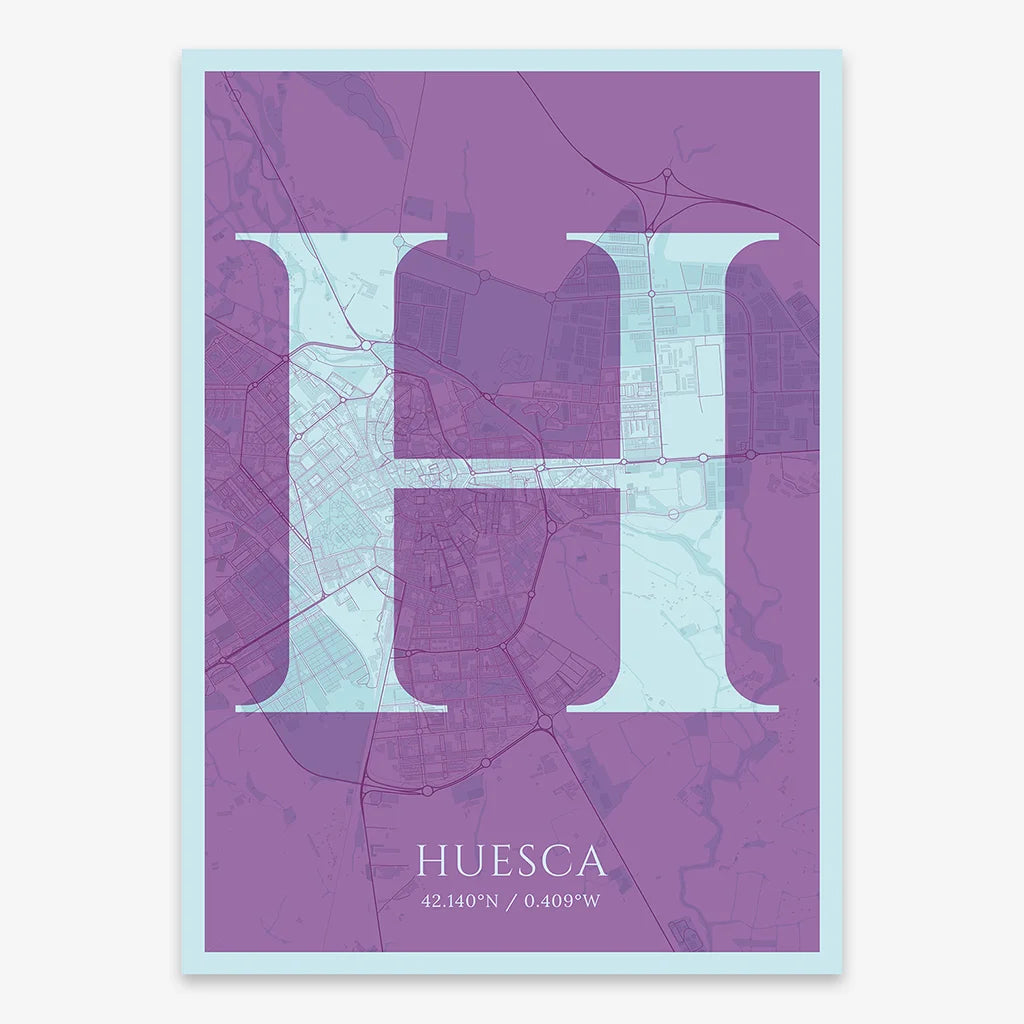 Decorative map of Huesca composed with letters in serif font printed on purple and light blue