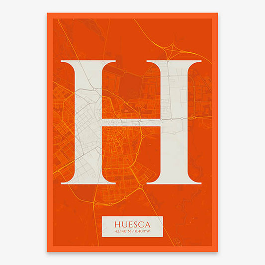 Decorative map of Huesca composed with letters in serif font printed on orange and an off-white background