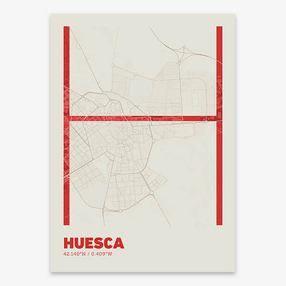 Poster of Huesca composed with letters in extra light font printed on red and an off-white background
