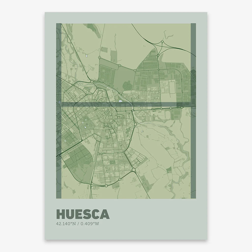 Poster of Huesca composed with letters in extra light font printed on two green tones
