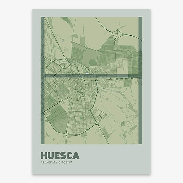 Poster of Huesca composed with letters in extra light font printed on two green tones