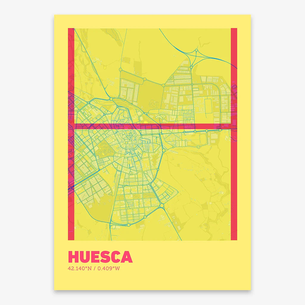 Poster of Huesca composed with letters in extra light font printed on yellow and fuchsia